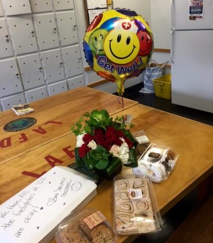 Balloon and assortment of "goodies" on the fire station kitchen table.
