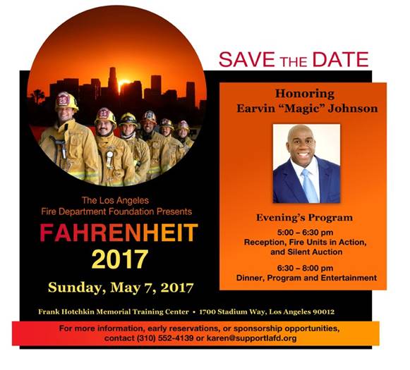 Photo of Firefighters and Magic Johnson. Header states "Save the Date".