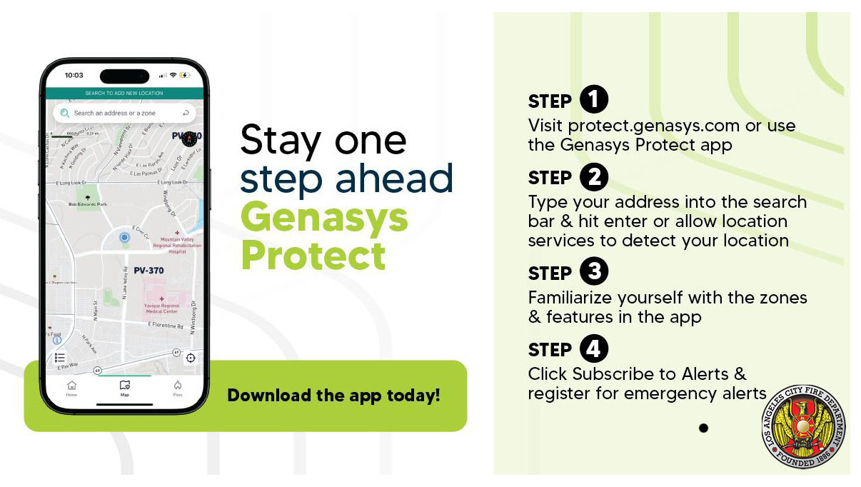 Genasys Protect app shown on a smartphone, with the Los Angeles City Fire Department seal